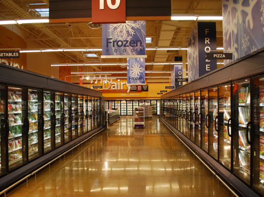 Photo of the frozen foods aisle at the grocery store.