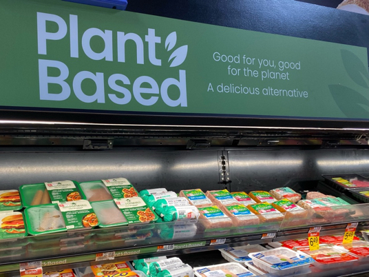 Display of plant-based meat in a supermarket