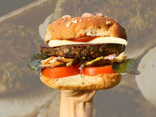 Burger patty made with kelp served on a bun with vegetable slaw, tomatoes and ketchup