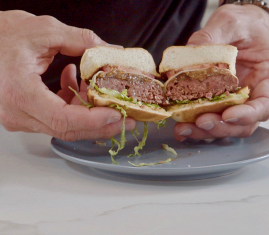 Shot of a burger by SciFi cultivated meat foods