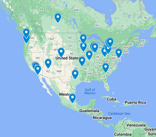 Map showing where alt-meat copackers are located in North America