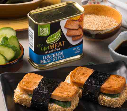 Tabletop shot of UnMeat's plant-based luncheon meat product